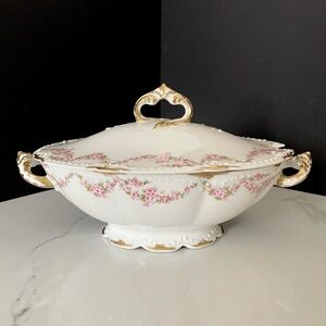 Pink Roses Floral & Gold Tureen - Elite Limoges
